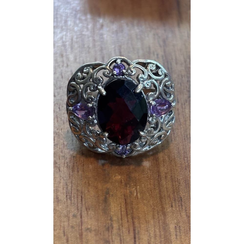 Sterling Silver Checkerboard Cut Garnet And Amethyst Ring Size 8.5